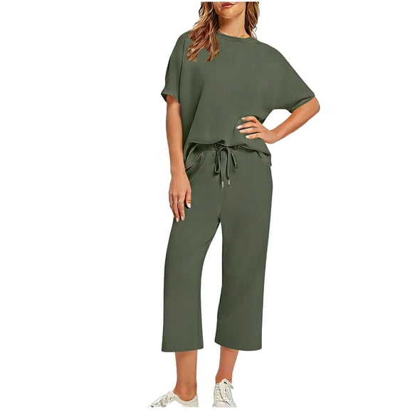 Maqroz 2 Piece Matching Sets for Women Short Sleeve Round Neck Tops and Capri Wide Leg Pants Drawstring Waist Casual Lounge Wear Everyday Cozy Outfits with Pockets