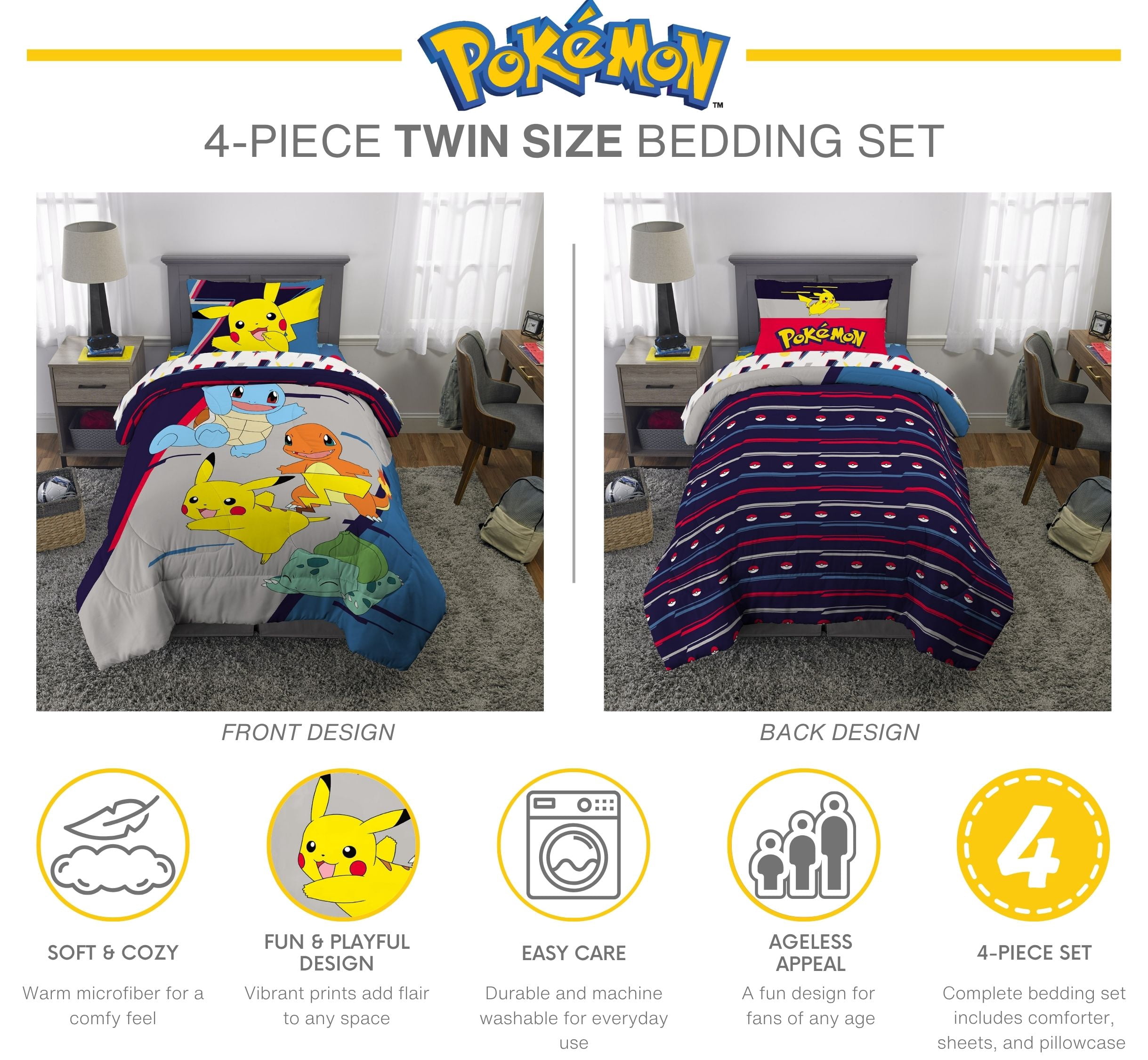 Pokemon Kids 4 Piece Gray Blue Reversible Comforter, Bed in a Bag, Twin