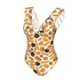 thumbnail image 4 of Yiaed Coffee Bun Hot Dog Print Women's Ruffled One Piece Swimsuit V Neck Swimwear Slimming Monokini for Woman-X-Large, 4 of 8