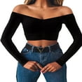 thumbnail image 3 of Women Off Shoulder Crop Top Long Sleeve Ribbed Knit Stretchy Blouse Top Vest, 3 of 6