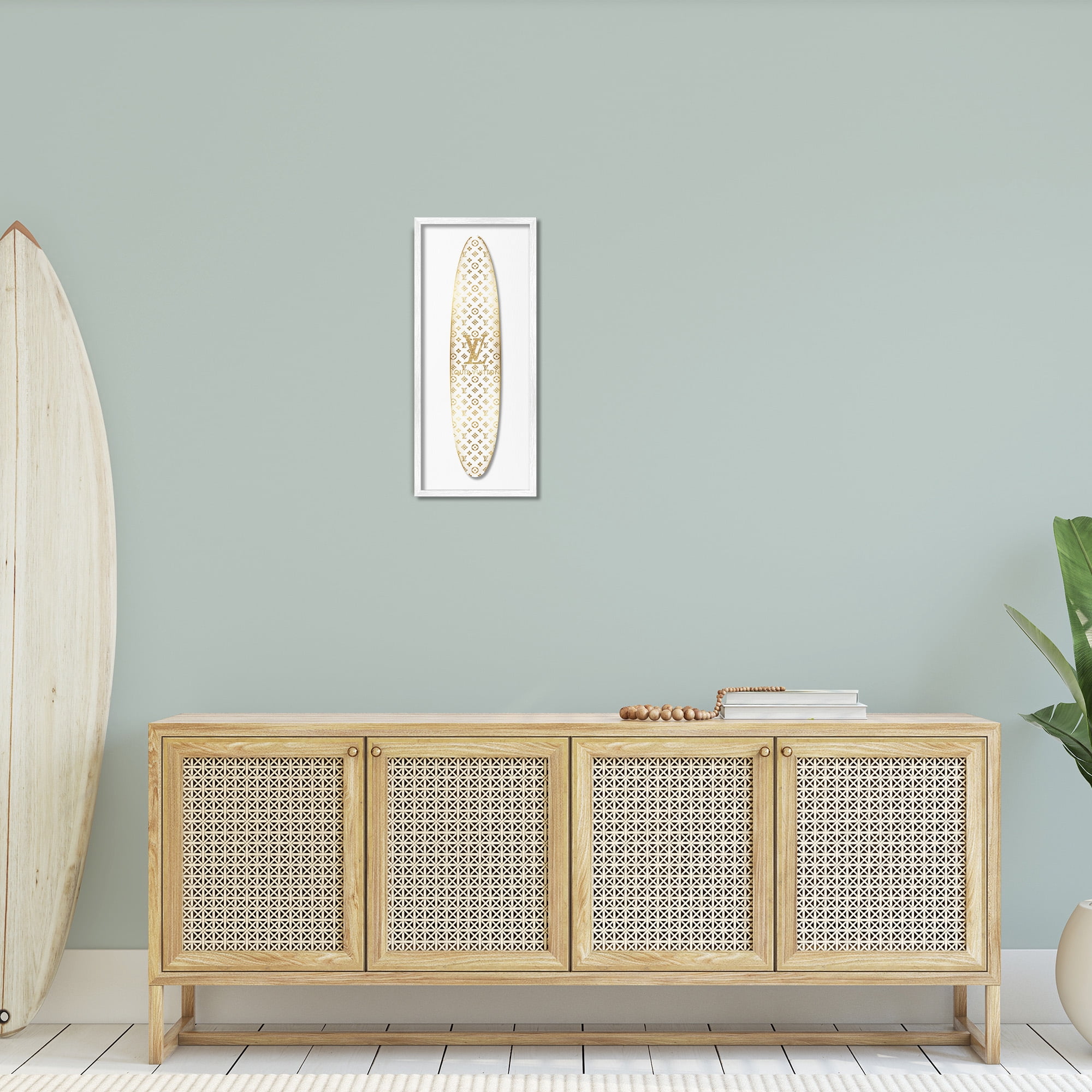 Stupell Industries Designer Patterned Surfboard Nature Painting White Framed Art Print Wall Art, 10 x 24