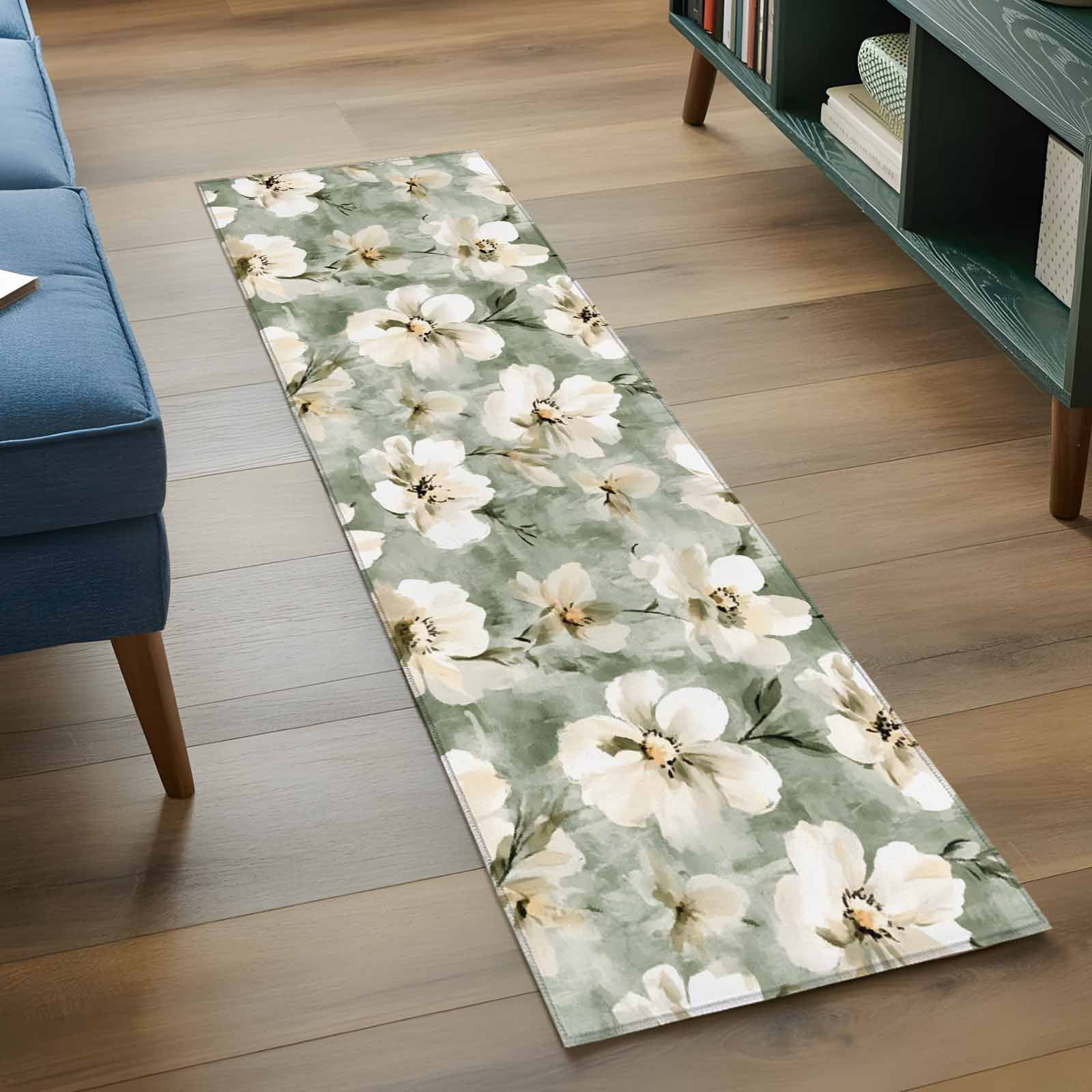 Vintage Magnolia Runner Rugs 2x6 ft White Blooming Flower Oil Painting Style Washable Hallway Rugs Non-Slip Floor Mats Absorbent Carpet Bedside Runners for Bedroom Kitchen Bathroom Laundry Room