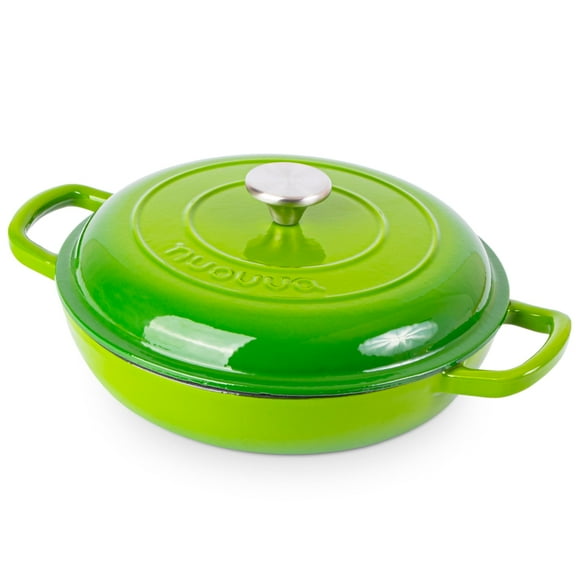 Shallow Cast Iron Casserole with Lid – Non Stick Dutch Oven Pot, Oven Safe up to 500° F – Sturdy Ovenproof Stockpot Cookware – Enamelled Cooking Pot – Green, 2.3-Quart, 26cm – by Nuovva