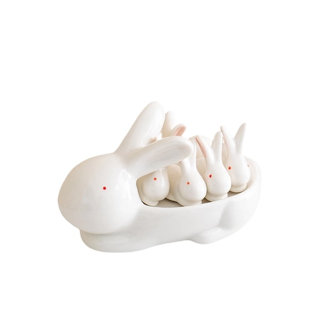 Easter Bunny Ceramic Utensil Holder, 6.42 Inch White Rabbit Fork and Knife Stand for Dining Table, Kitchen Countertop Storage Organizer with Hygienic Design