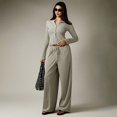 thumbnail image 4 of Women'S Striped 2 Piece Pants Outfits Long Sleeve Button Down Knit Top Set Leisure Vacation Green M, 4 of 9
