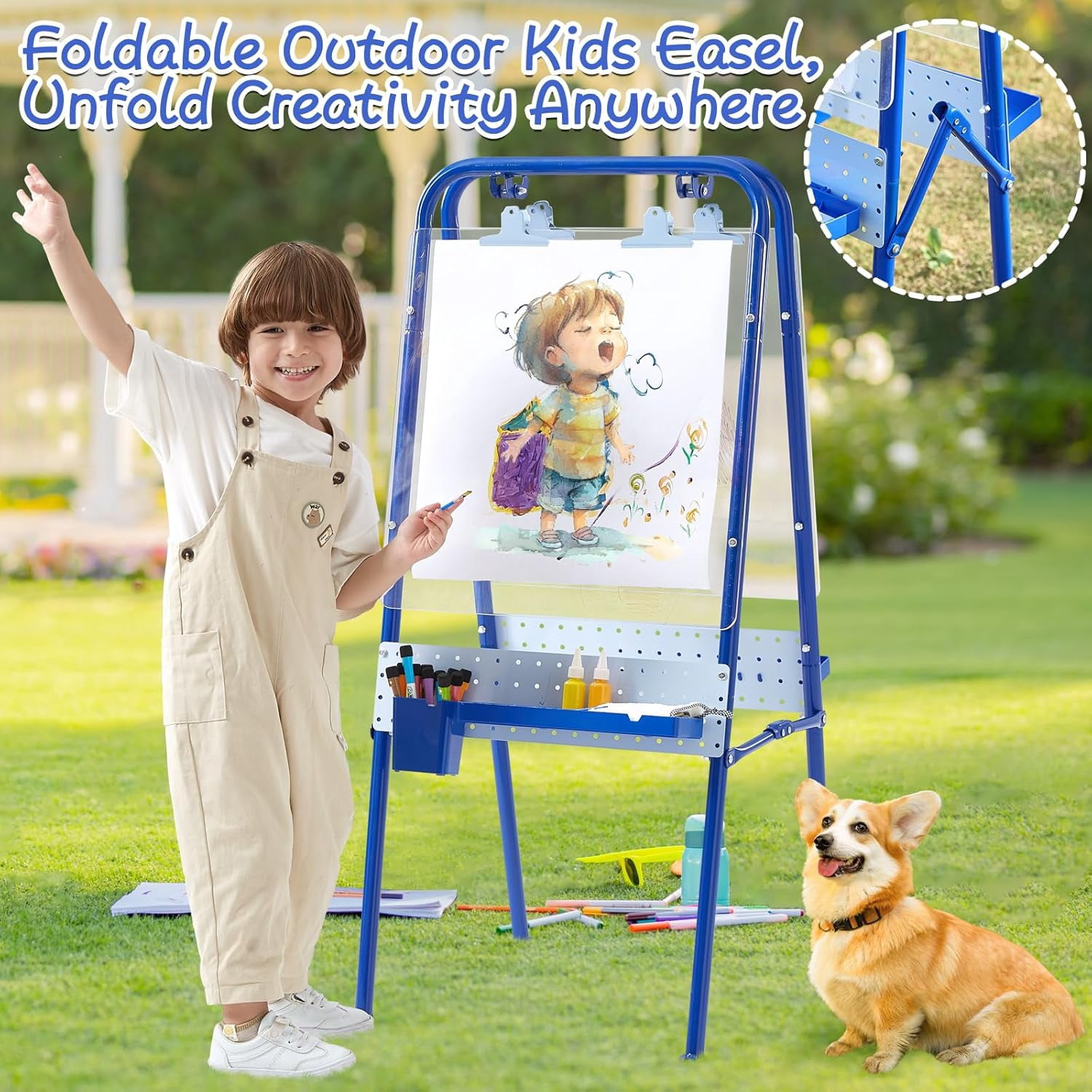 FUNLIO Foldable Outdoor Easel for Kids Aged 3+, Waterproof & Sunproof Kids Easel with 2 Acrylic Boards
