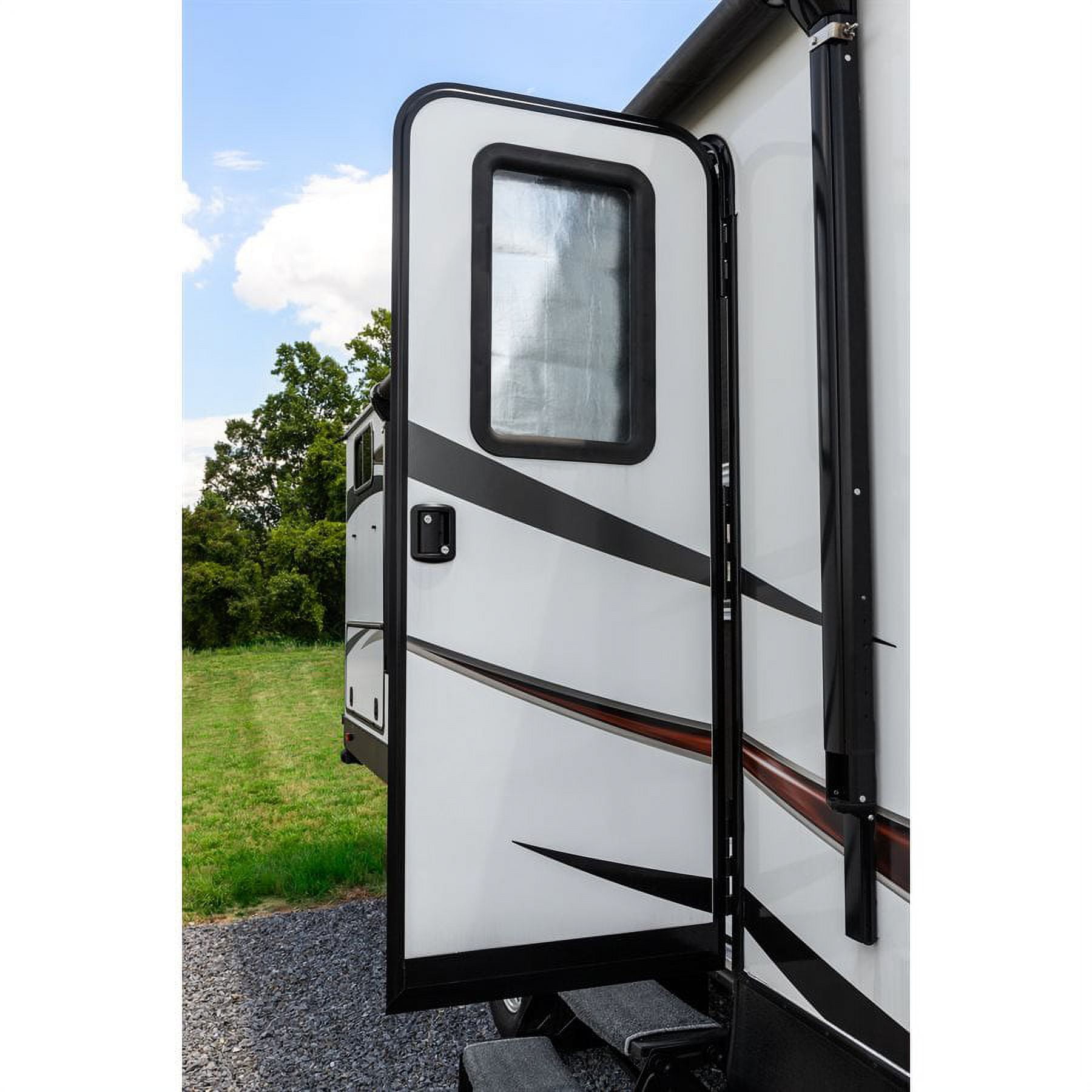 Camco Life Is Better at the Campsite Camper/RV Door Window Light Blocking Shade | Black with Retro Stars and White Text, 25.25" x 16.25" (53051)