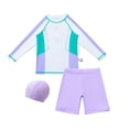thumbnail image 4 of Tfken Boys Kids Swimsuit Set Outfits For Summer Cute 3 Piece Long Sleeve Tops And Swim Trunks With Hats Set Zipper Beach Swimwear Teen Comfortable Bathing Suits Size 8-9 Years Purple, 4 of 9