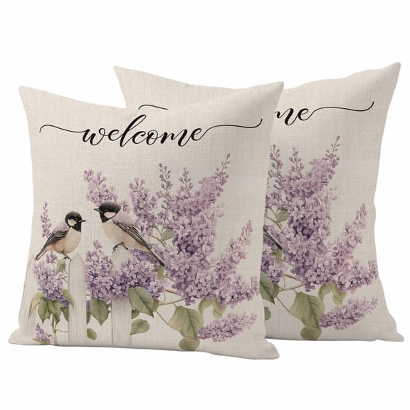 Lavender Bird Outdoor Waterproof Pillow Covers, Country Purple Garden Flowers Spring Decorative Square Throw Pillowcase Sofa Cushion Sham for Patio/Couch/Chair, 18"x18" 2 Pack