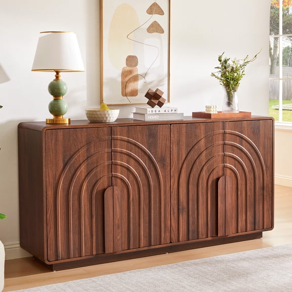 WIRRYTOR 63" Mid-century Modern Arched Grooved Sideboard Cabinet, 4-Door Buffet Sideboard with Adjustable Shelves, Walnut Storage Credenza TV Stand