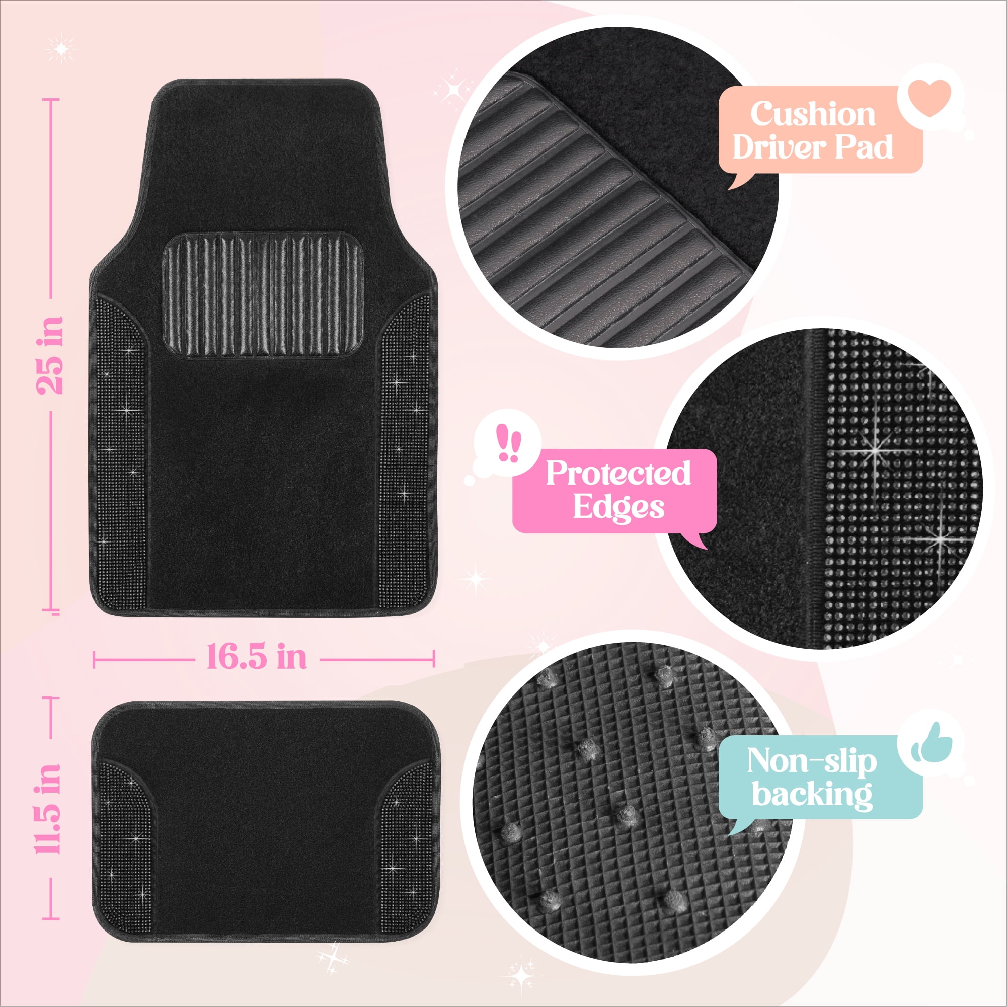 Carbella Diamond Bling Car Mats 4-Piece Set, Shiny Rhinestone Crystal Carpet Car Floor Mats, Two-Tone Floor Mats for Cars, Cute Automotive Interior Car Accessories for Women (Black)