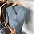 thumbnail image 3 of Pull Femme Manches Courtes Col en V Rayé Tricoté Ajusté Mode Coréenne Pull-Overs Hauts Fins 2024 Chemises de Base, 3 of 5
