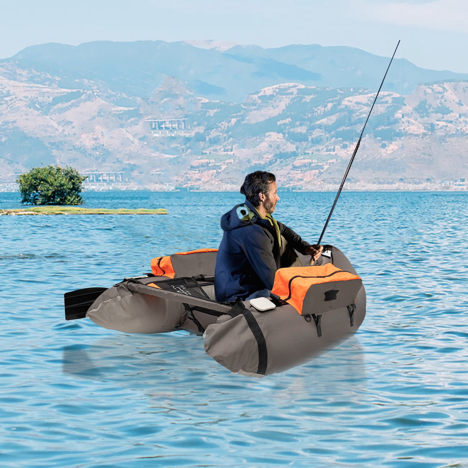 Portable Inflatable Fishing Boat Raft Blow Up Boat with Adjustable Angle Backrest for Outdoor Water Fishing