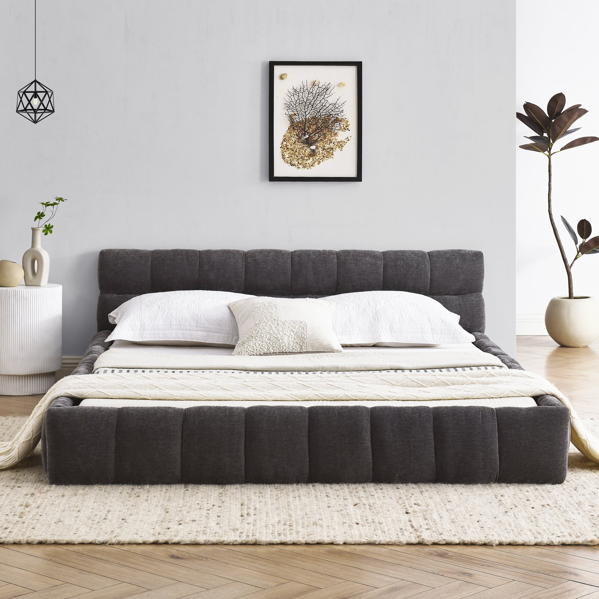 GAKMCIL Modern Queen Size Bed Frame, Chenille Fabric Grounded Queen Size Low Platform Bed with Headboard and Thick Fabric, Easy Assembly, No Box Spring Needed (Gray  68''*86.5''*23.5'')