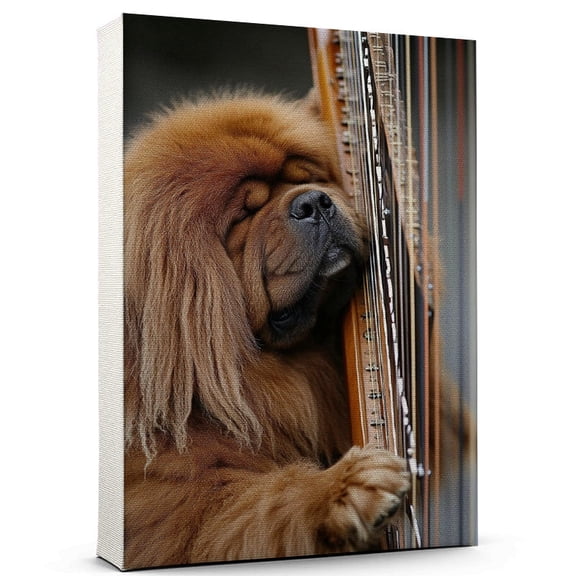 Tibetan Mastiff Cute Dog Harp Stretched Canvas Size 8x12 – Retro Tibetan Mastiff Dog Batter in Action With Harp for Themed Living Room