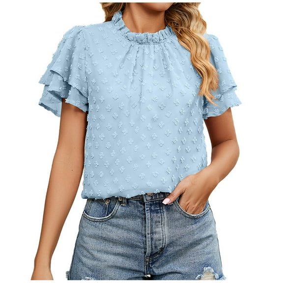 Women's Casual Swiss Dot Ruffle Short Sleeve Chiffon Blouse Flowy Crew Neck Pom Shirts
