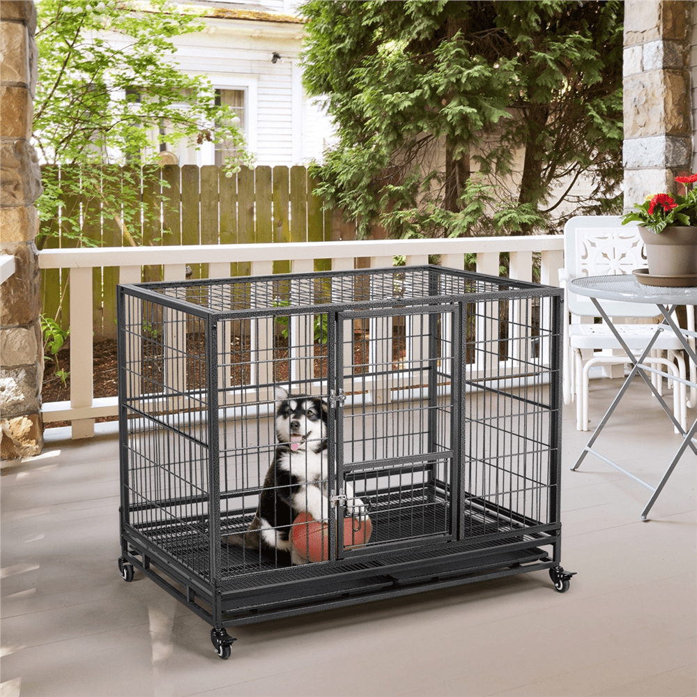 Easyfashion 43 inch Heavy Duty Metal Rolling Dog Cage Kennel,Black