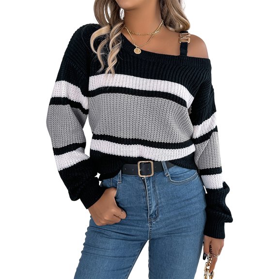 JUUNthy Womens Off Shoulder Sweater, Striped Knit Pullover Casual Long Sleeve Fashion Tops for Fall Daily Wear Gray XL