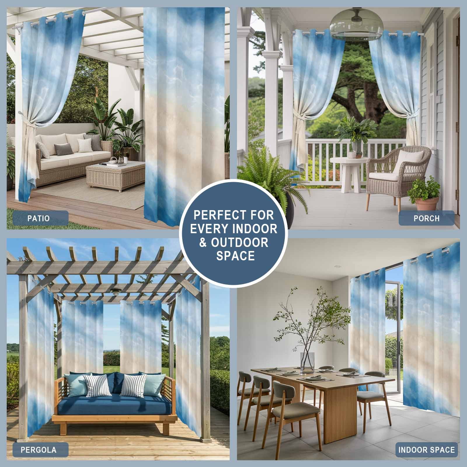 Summer Beach Outdoor Curtains for Patio, Dark Blue Gradient Ocean Wave Beige Sand Abstract Sunshade Privacy Drapes Grommet Waterproof Outside Curtains for Porch/Cabana/Balcony 54"x 108", 1 Panel