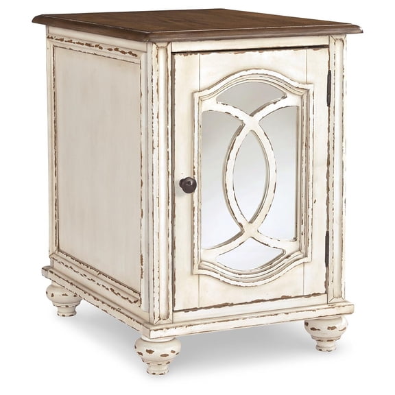 Signature Design by Ashley Realyn Cottage-Style Mirrored End Table in Antique White