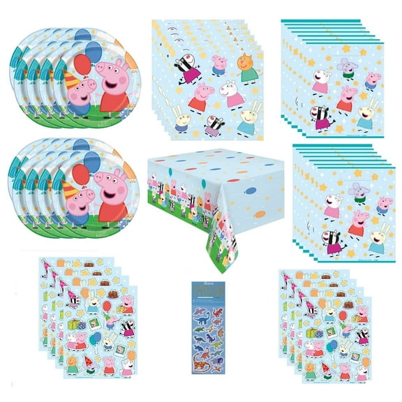 Peppa Pig Birthday Party Supplies Bundle includes 16 Plates 9", 16 Napkins 6.5", 1 Table Cover, 16 Loot Bags, 8 Sticker Sheets with 176 Stickers, 1 Dinosuar Sticker Sheet