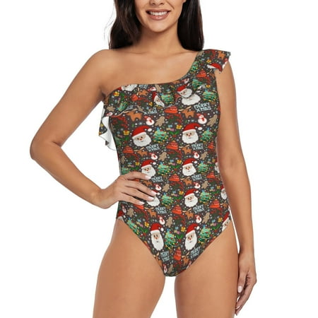 Uemuo Merry Christmas Print Women s One Piece Swimsuit Asymmetrical Neck Bathing Suit One Shoulder Side Cutout Ruffle Swimwear-Medium