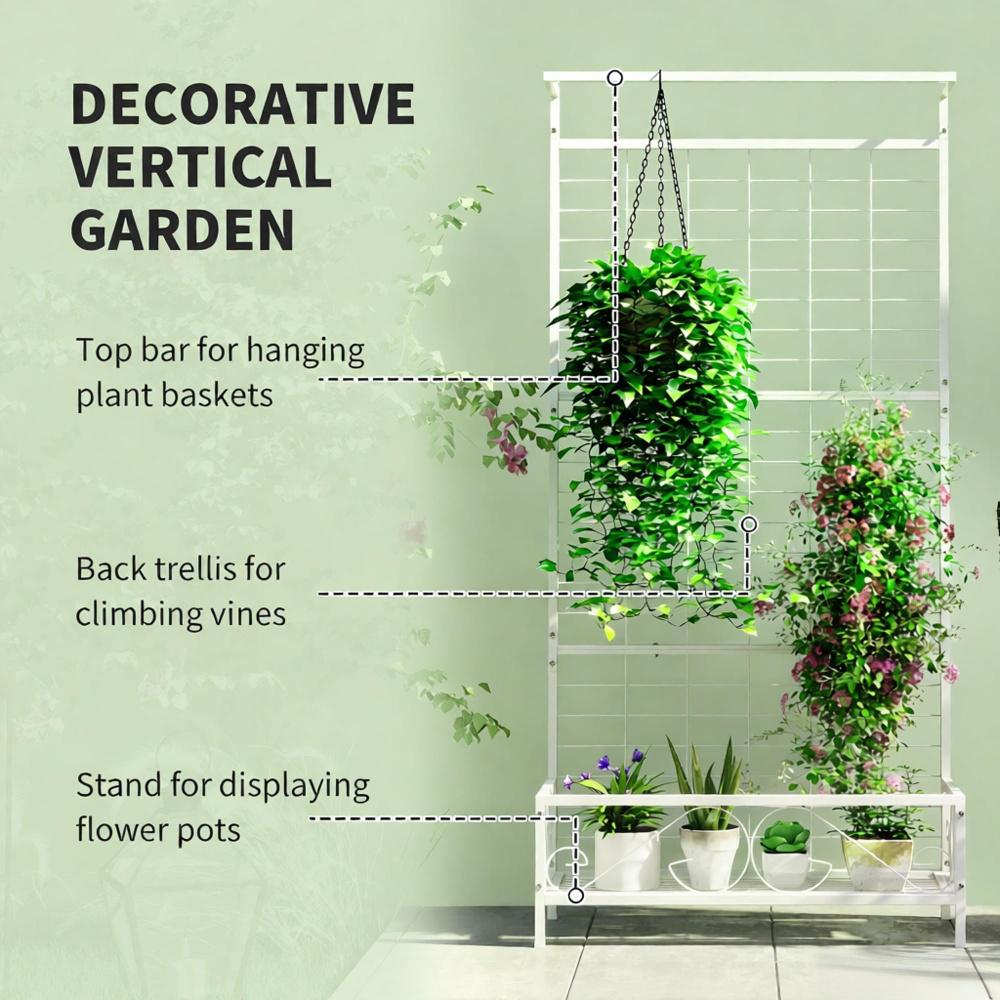 Plant Holder, Metal Tall Plant Stand with Trellis and Hanging Bar, for Indoor Outdoor Use