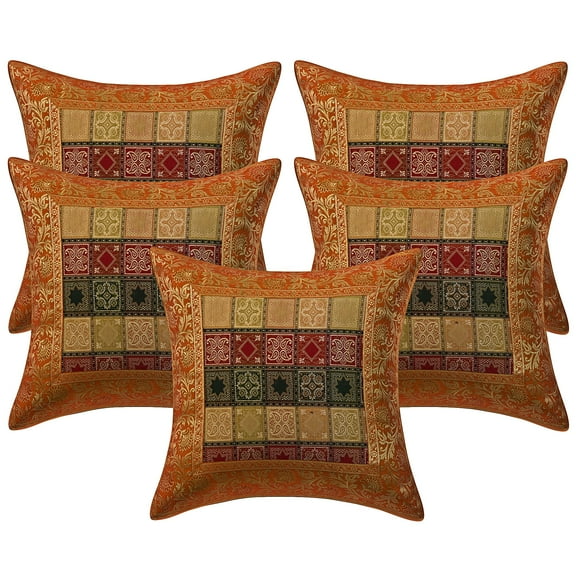 Stylo Culture Ethnic Sofa Throw Pillow Covers 16x16 Jacquard Dark Blue Traditional 40cm x 40cm Home Decor Brocade Floral Zippered Square Cushion Covers | Set Of 5