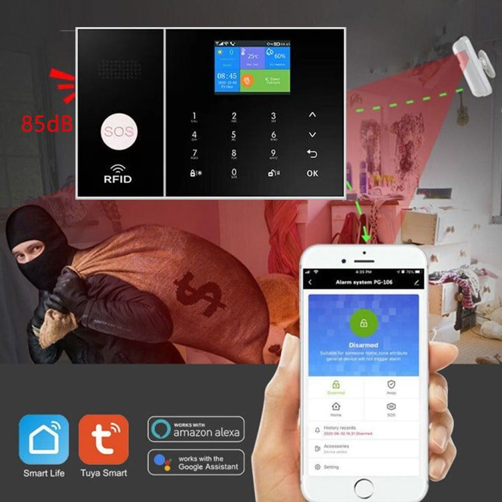 PGST WiFi+GSM/4G Home Smart Alarm Security System Kit,DIY Wireless Burglar Alert System Anti-Theft,Motion Detector,Door Window Sensor,External Siren,Smart Life Tuya APP,NO Monthly Fees (PG108-A)