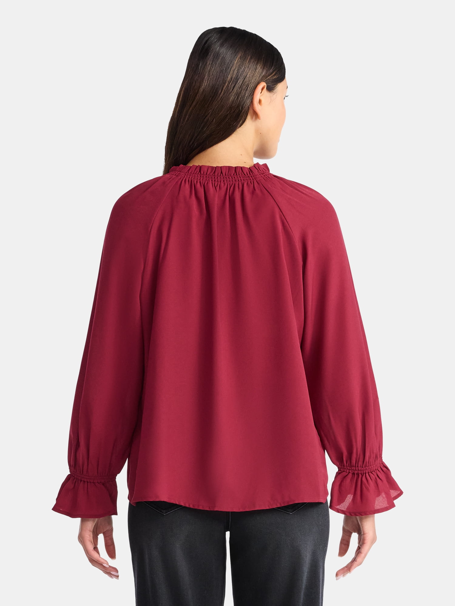 Time and Tru Women's Ruffle Neck Blouse with Long Sleeves, Size XS – XXXL