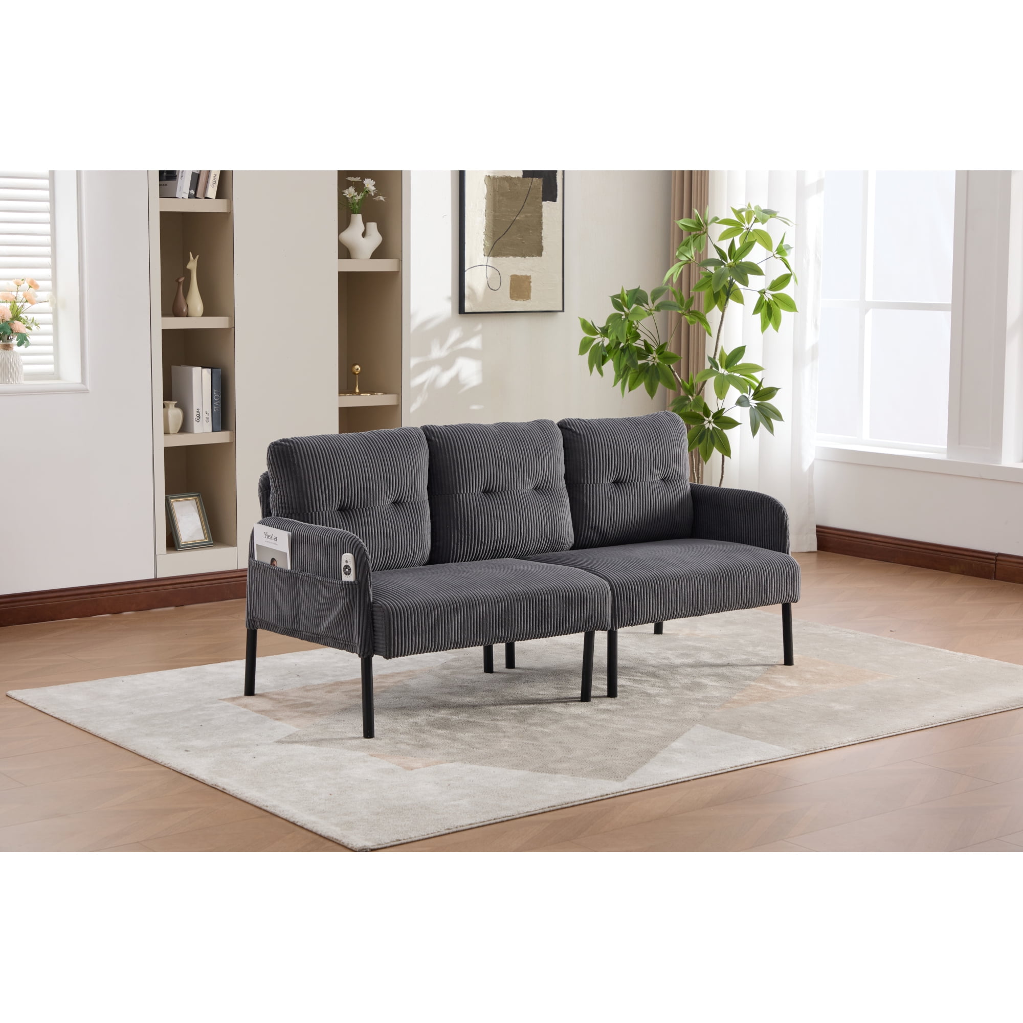 Leumius Oversized Sofa Couch for Living Room,68" Corduroy Upholstered Couch with Metal Legs & Side Pockets for Bedroom, Office or Apartment,Carbon Gray