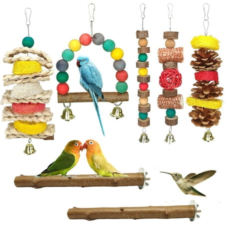 7 Pcs Natural Wood Bird Toy & Perch for Parakeets, Cockatiel & Lovebird, Budgie Play Accessory for Small Parrots Indoor Cage