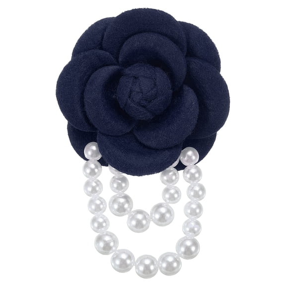 Fabric Camellia Flower Brooch Pearl Pins Bracelet Dual Use for Women Navy Blue