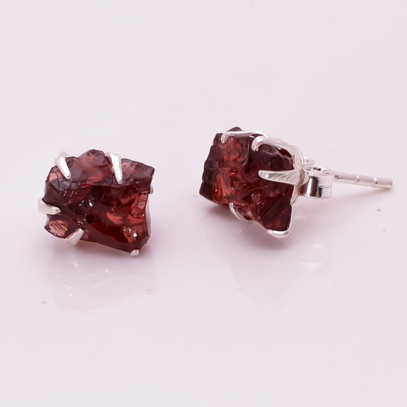 925 Sterling Silver Stud Earring for Women Natural Raw Garnet Gemstone Silver Stud Earrings