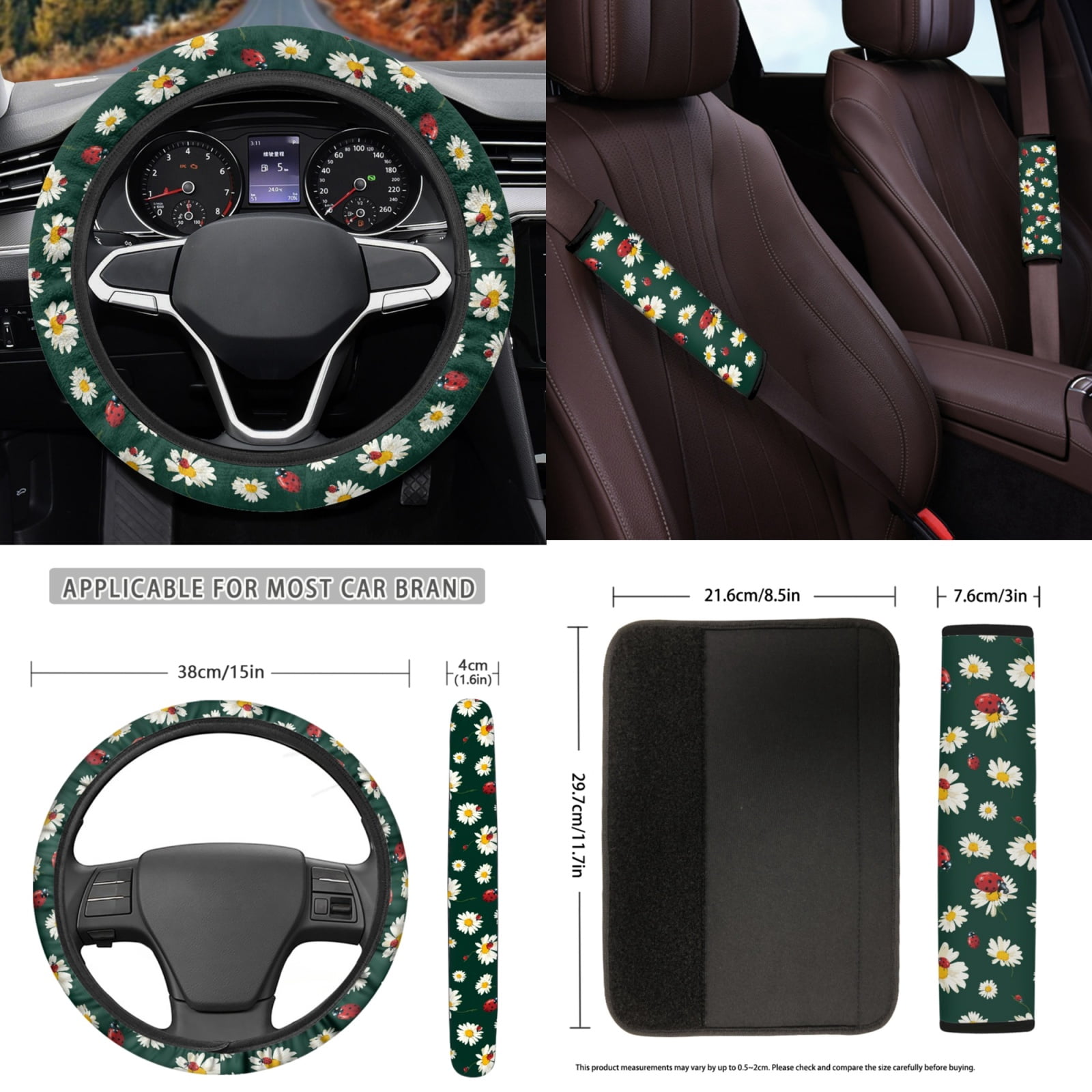 Yuyamidu Daisy Car Seat Cover Set of 15 Ladybug Car Carpet Mats Steering Wheel Cover Seatbelt Cushion Pad Gear Shift Knob Cover Set Cup Holder, Green