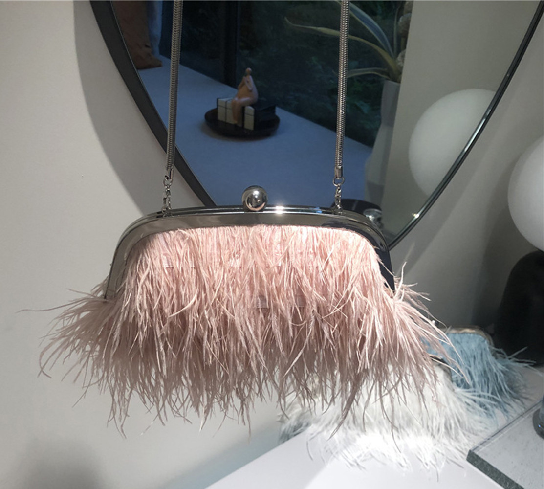 Vintage Fluffy Ostrich Feather Evening bags and Clutches for Women Pearl Chain Tote bags Bridal Purses Wedding Party Pink