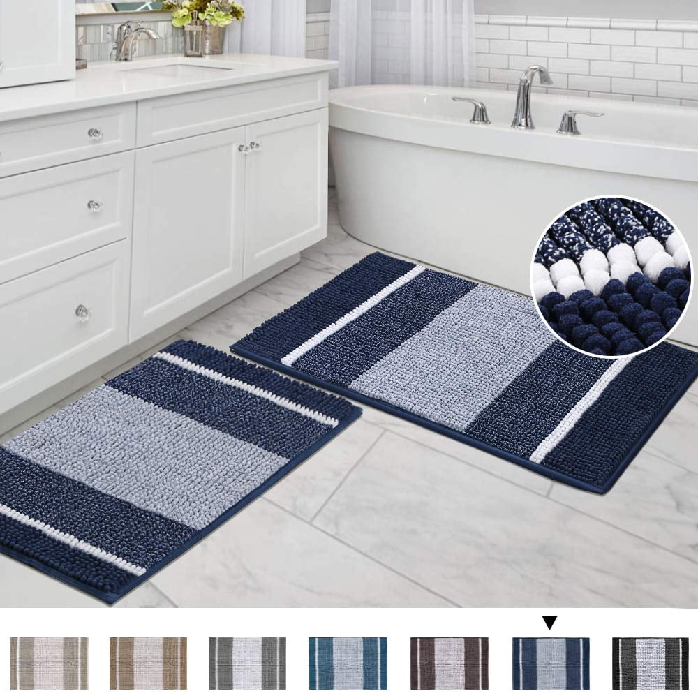 Navy, 47 x 17 Plus 17 x 24 - Inches Bathroom Rugs Bath Mats Sets Super Absorbent Chenille Striped Bath Mats Non Skid Machine Wash Dry Rugs for Bathroom Floor Set of 2