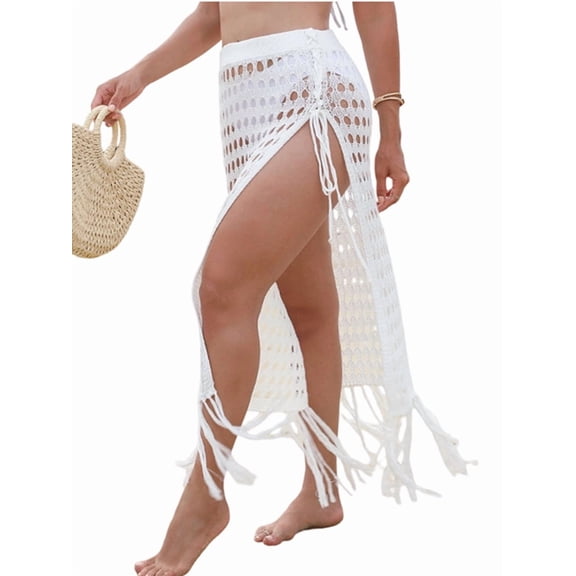 Women'S Swimsuit Cover Up Summer Hollow Out Crochet Maxi Knit Skirts with Tassels White L