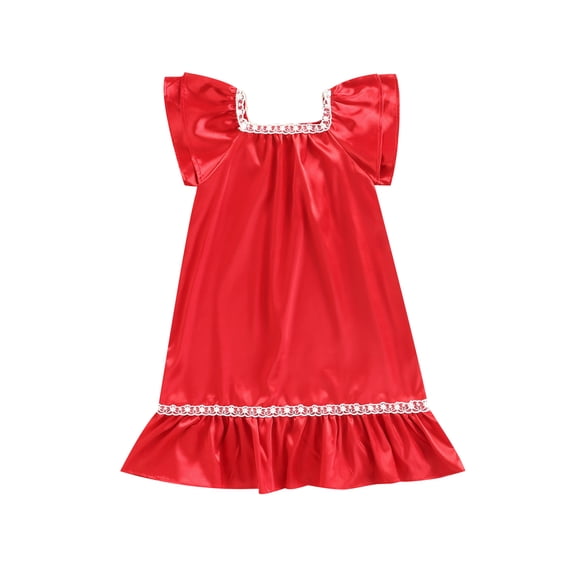 TheFound Toddler Baby Girl Sleeping Dress Pajamas Casual Silk Satin Ruffle Sleeveless Lace Solid Color Nightgown