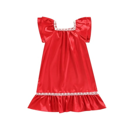 

TheFound Toddler Baby Girl Sleeping Dress Pajamas Casual Silk Satin Ruffle Sleeveless Lace Solid Color Nightgown