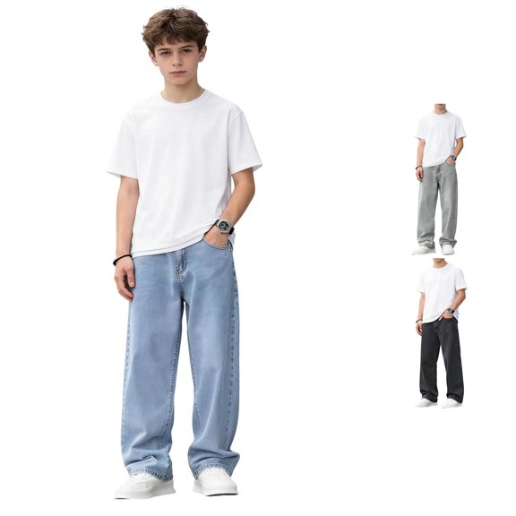FYDUU Boys Baggy Jeans Classic Straight Leg Jeans for Boys, Straight Leg Denim Pants for Boys Stretch Casual Trousers Durable School Wear Leisure Pants 15-16 Years