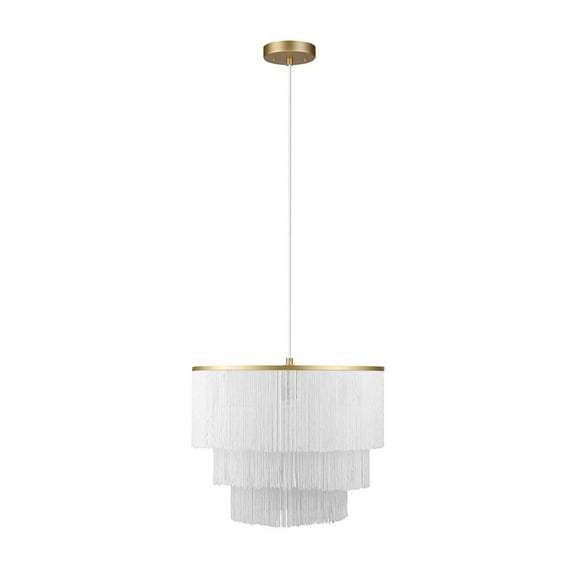 Pendentif suspendu en métal à 1 lumière de la collection Janis par Novogratz x Globe Electric, or mat, abat-jour en tissu blanc à franges, cordon de suspension en tissu blanc, 61093