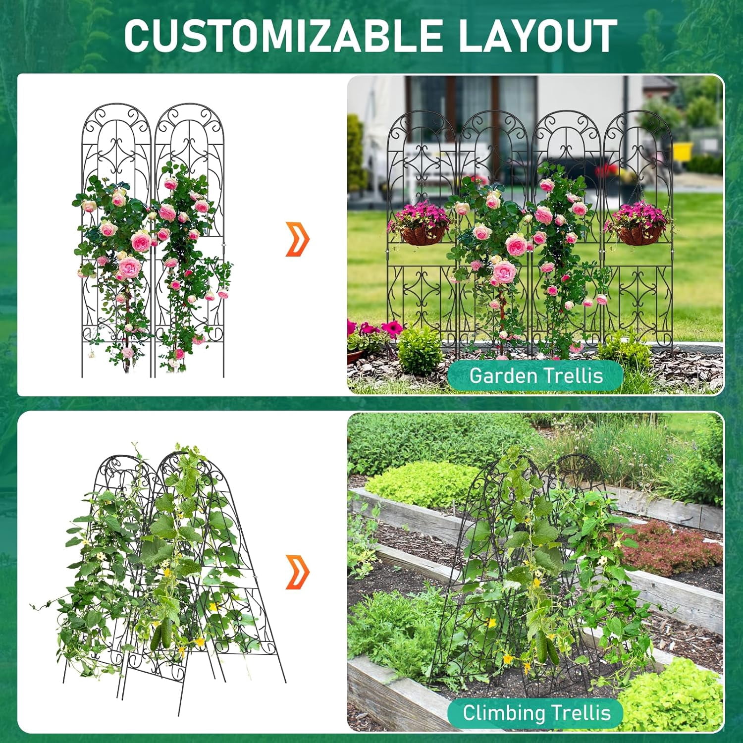4-Pack 59-Inch Metal Garden Trellis for Climbing Plants, Large Decorative Outdoor Support for Vegetable Flower Rose Vine Cucumber, Black