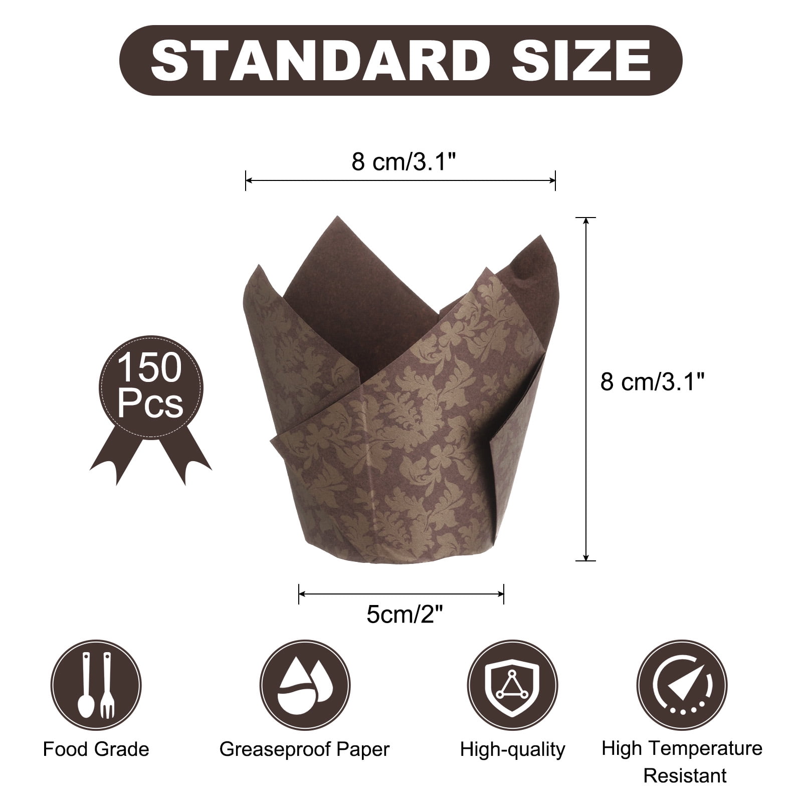 Unique Bargains Tulip Baking Cups Cupcake Liners Paper for Wedding Flower, Brown