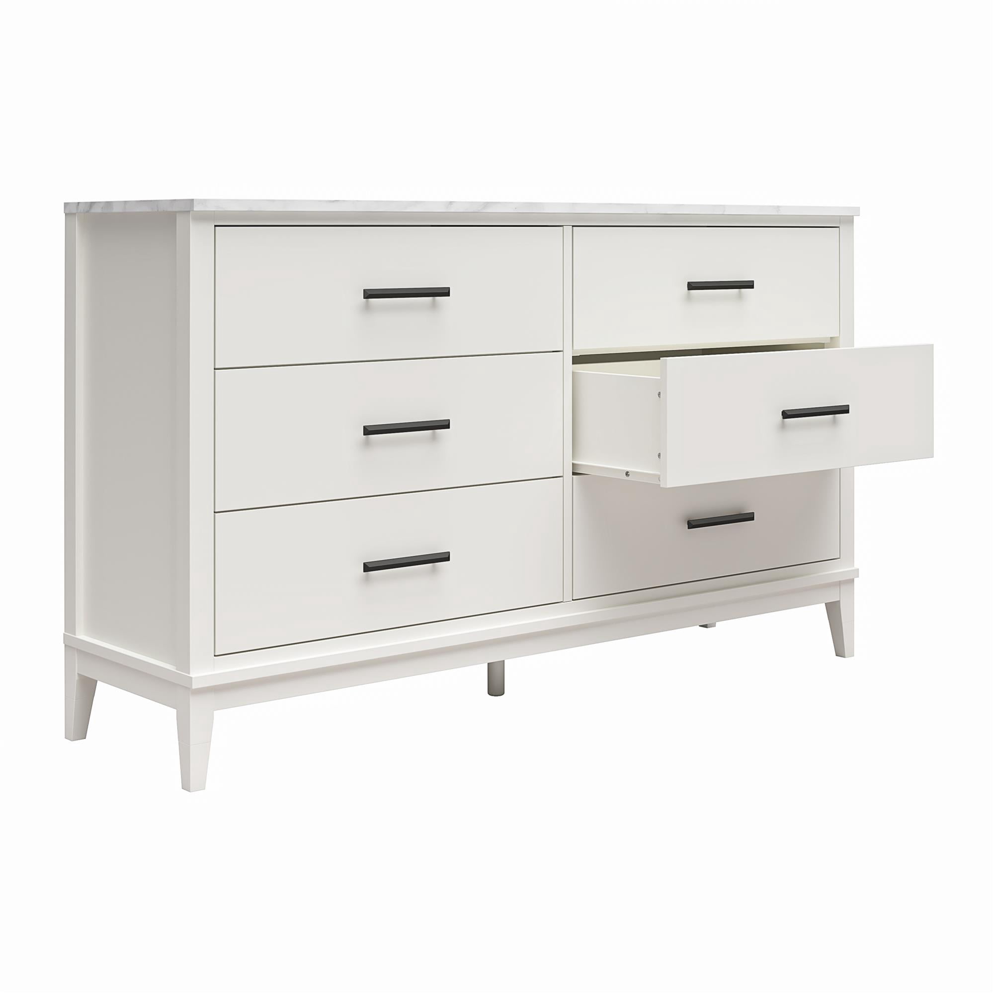 Ameriwood Home Amberleigh Wide 6 Drawer Dresser, White w/ White Faux Marble Top