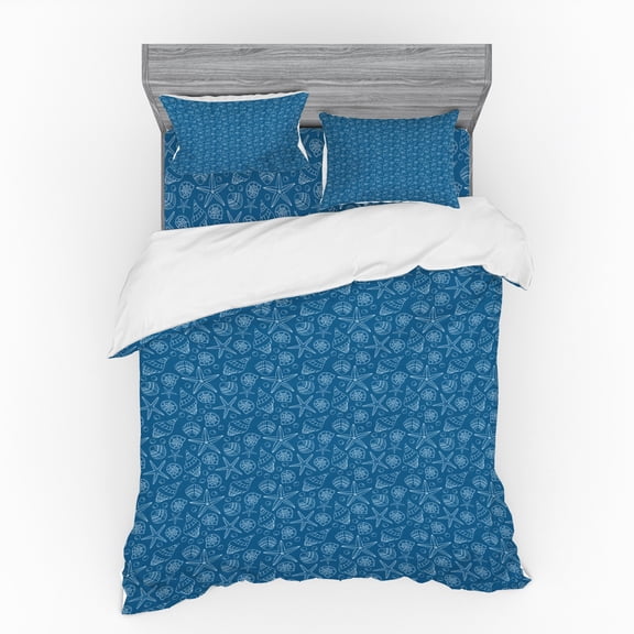 Ambesonne Beach Bedding Set 4 Pcs, Nautical Underwater Seashells, Queen, Sea Blue and White