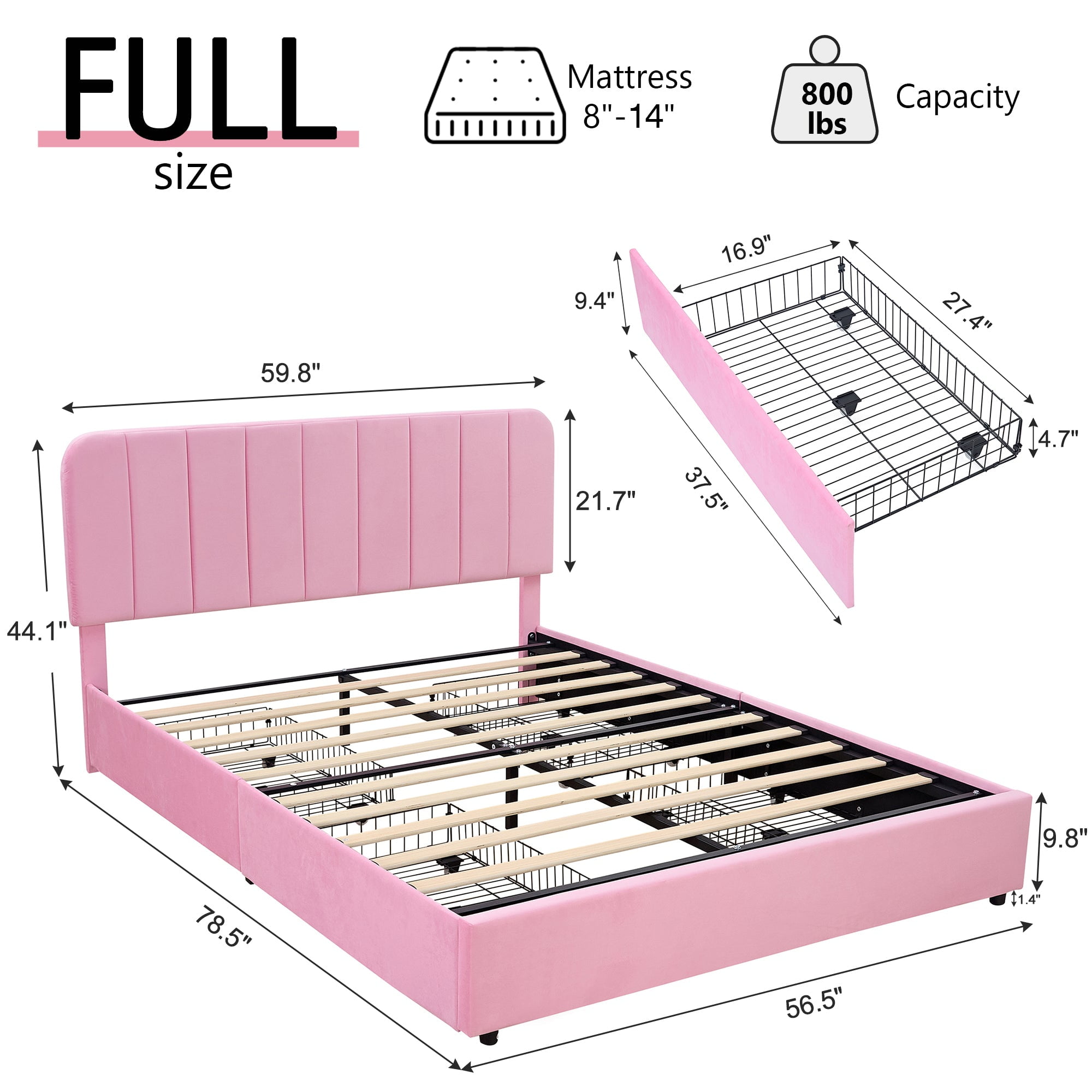VECELO Full Size Bed Frame with 4 Storage Drawers, Modern Upholstered Platform Bed Frame with Adjustable Headboard, No Box Spring Needed, Pink