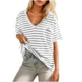 thumbnail image 2 of Teissuly Women Oversized T-Shirt Striped Short Sleeve V Neck Tee Shirt Casual Loose Drop Shoulder Summer Going Out Top, 2 of 9