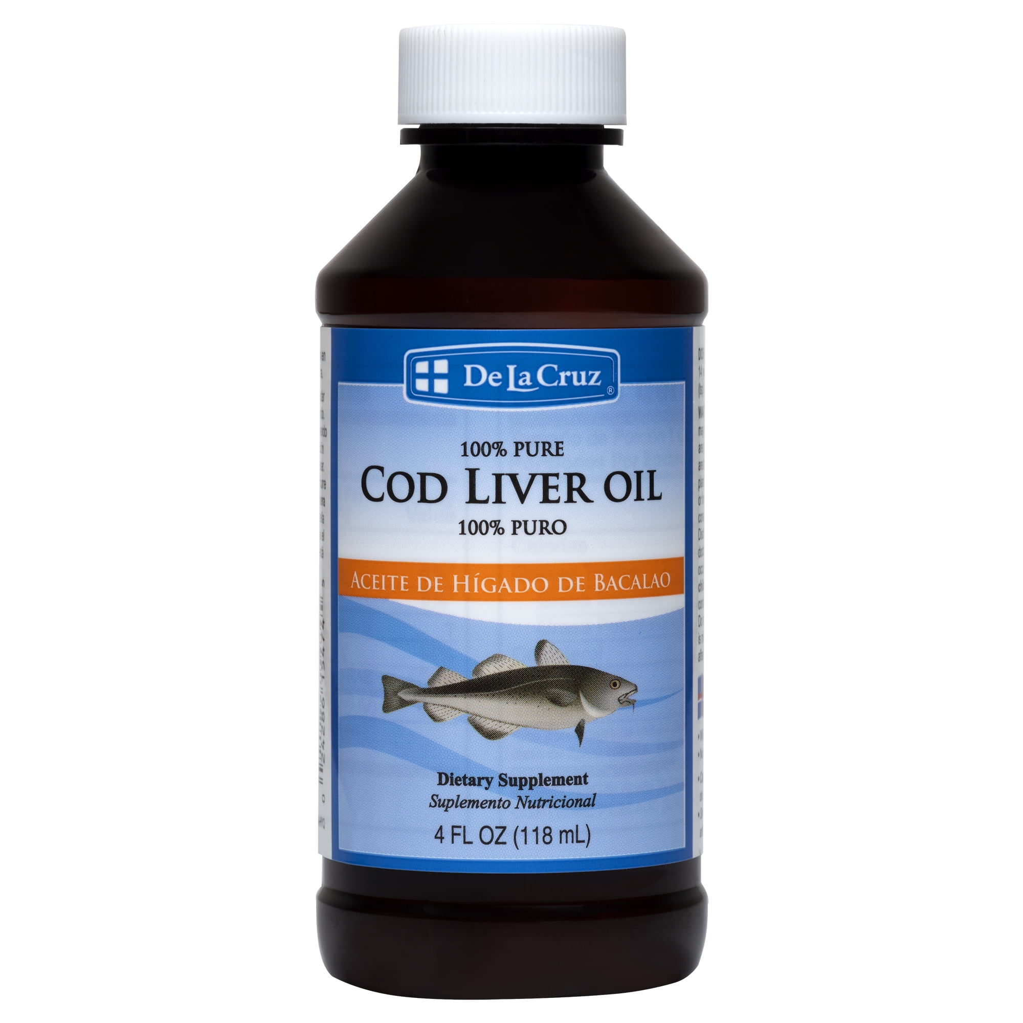 De La Cruz Cod Liver Oil Liquid, Wild Caught, 100% Pure - 900 mg Omega-3s - 4 fl oz