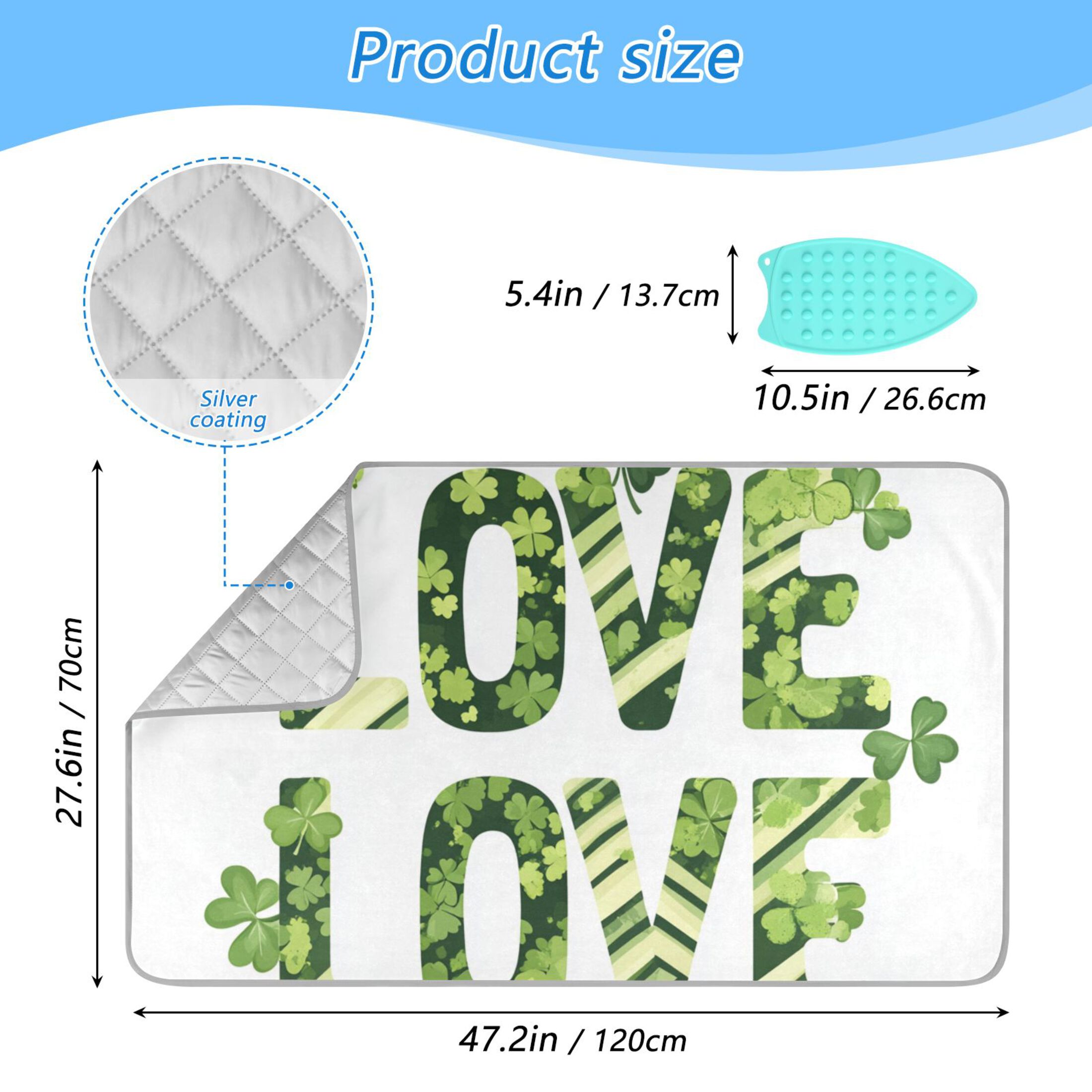 St Patricks Day Themed Love Clover Ironing Mat Blanket Portable Travel Ironing Pad Heat Resistant Pad 47.2" x 27.6”